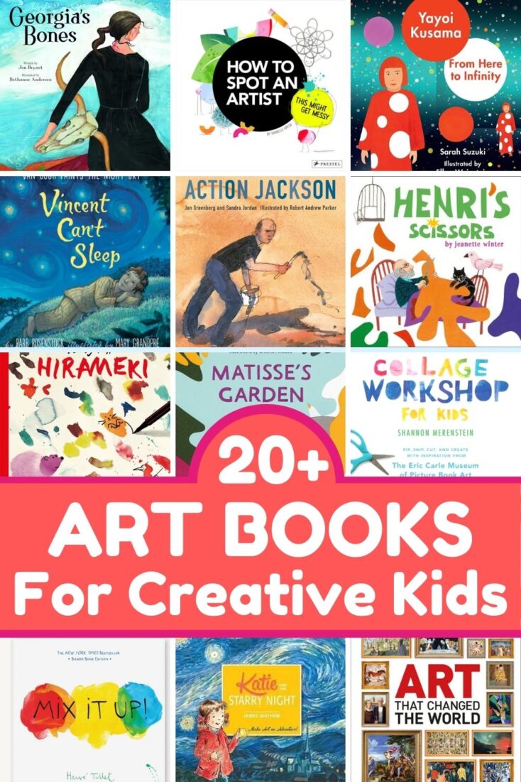 collage of book covers with title "20 art books for creative kids" new pin