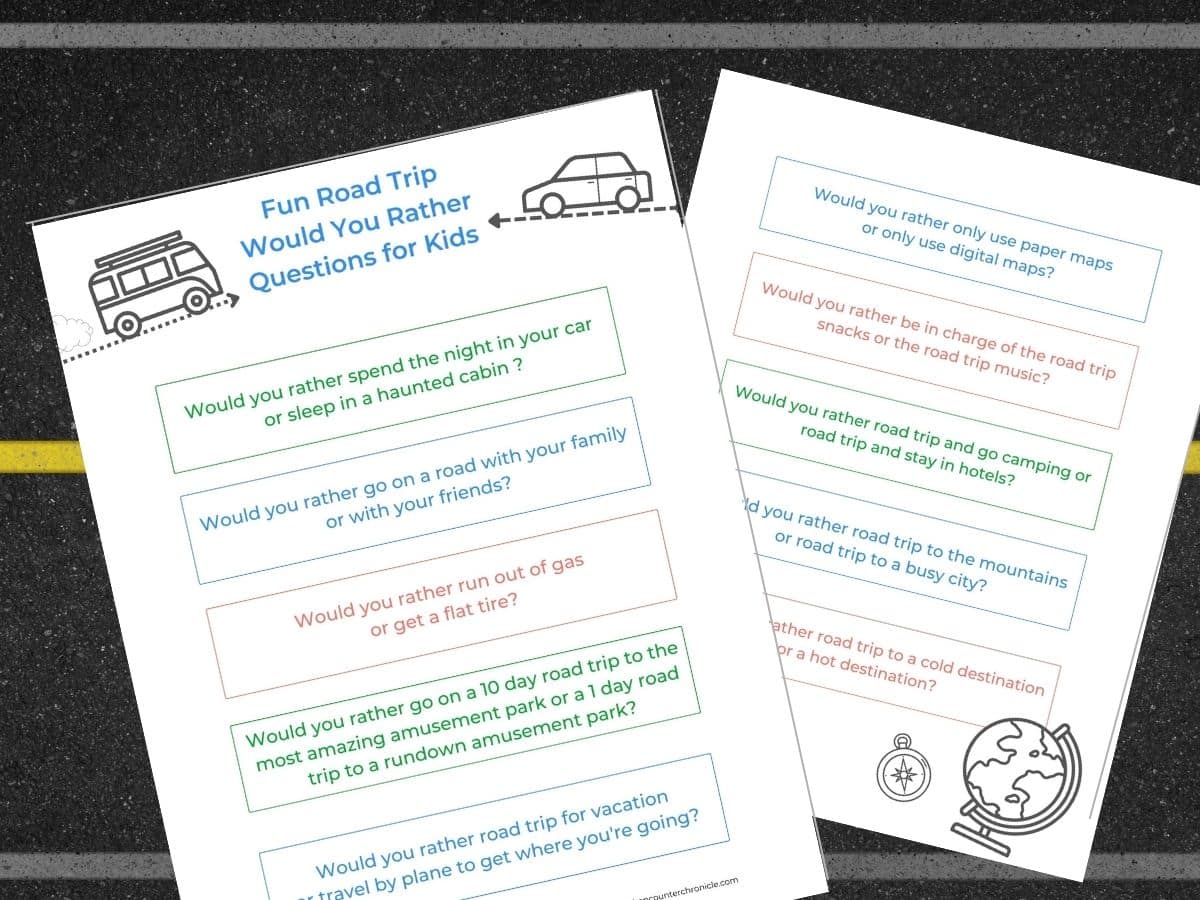 print out of road trip would you rather questions for kids on a road background