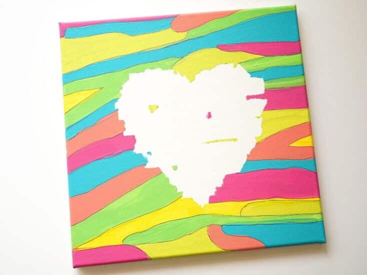 tape resist painting of heart art for tweens