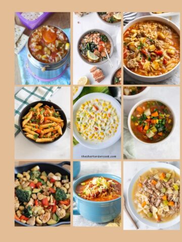40 thermos lunch ideas for kids collage of bowls and thermoses of soups and stews and pastas