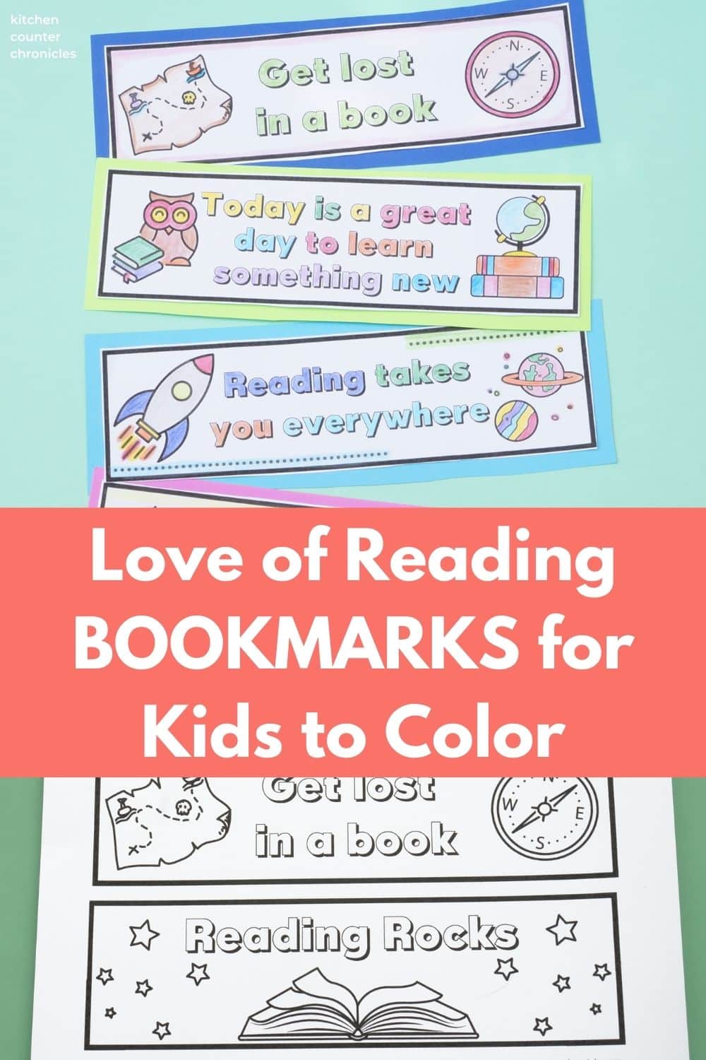 print of love of reading bookmarks for kids to color on green background with title