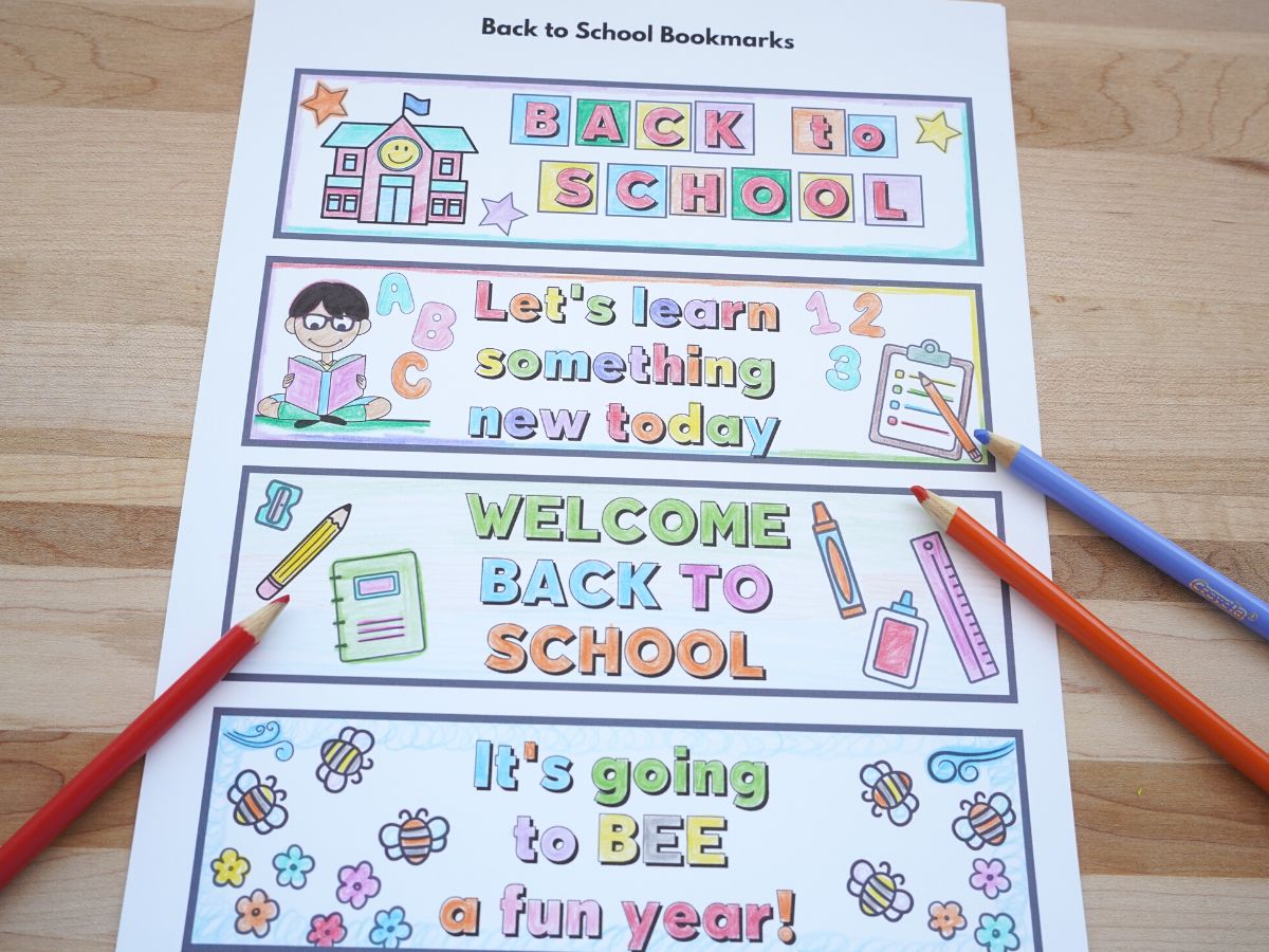 print out of back to school bookmarks to color with pencil crayons and it is coloured