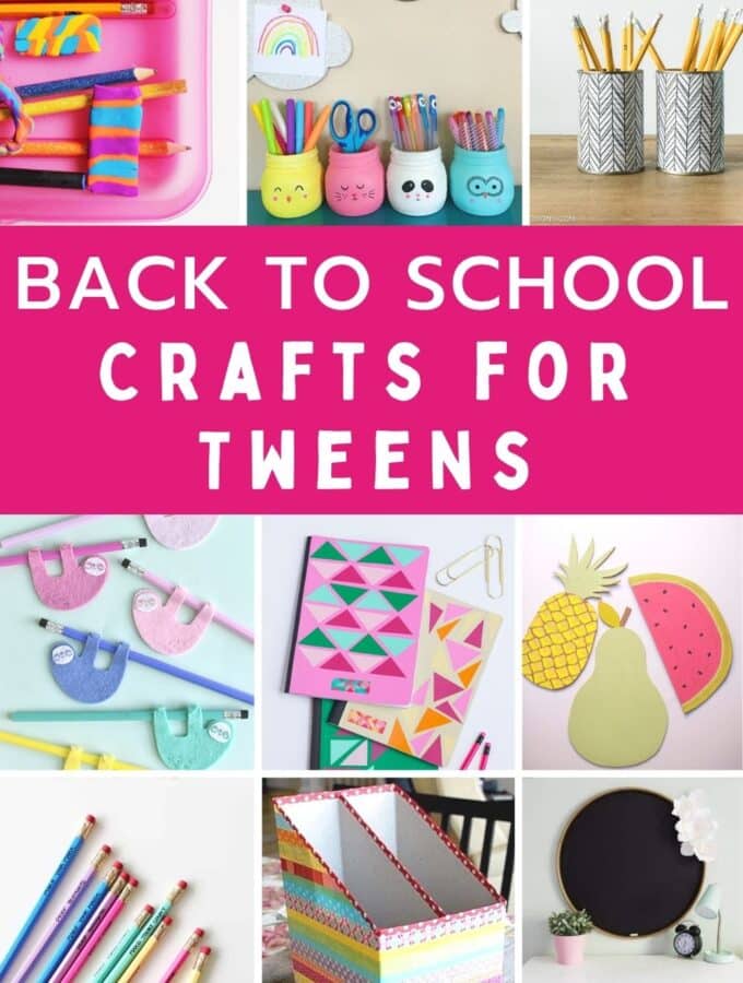 collage of back to school crafts for tweens to make - pen cups, pencils, diy chalkboard, diy bulletin boards, notebooks.