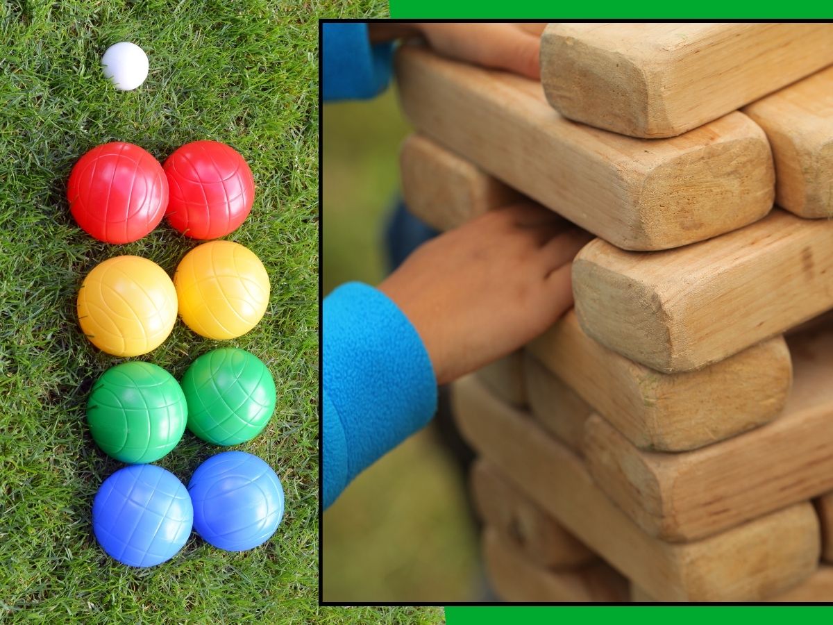 boccee balls on grass and image of tween playing giant jenga game