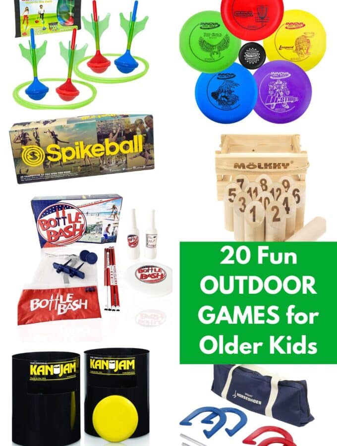 collage of outdoor games with title horseshoes, lawn darts, frisbees, bottle bash, kan jam