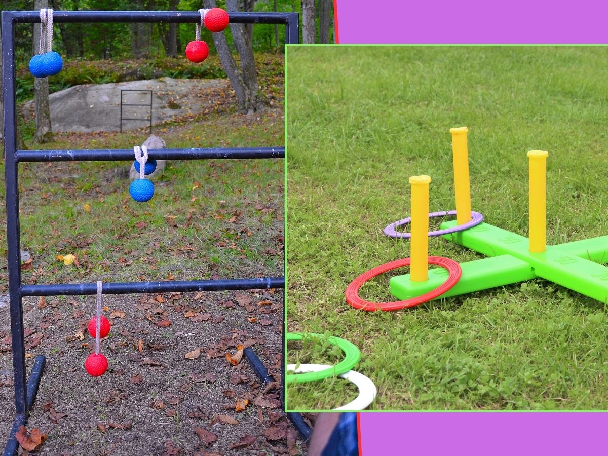 ladder toss game in a yard and ring toss game on the grass