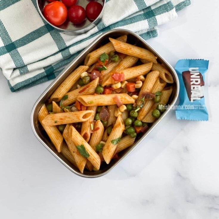 lunch container filled with masala pasta dish