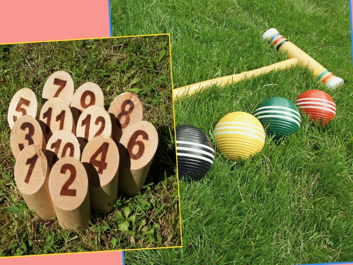 molkky game pieces in the grass and croquet hammer and balls in the grass