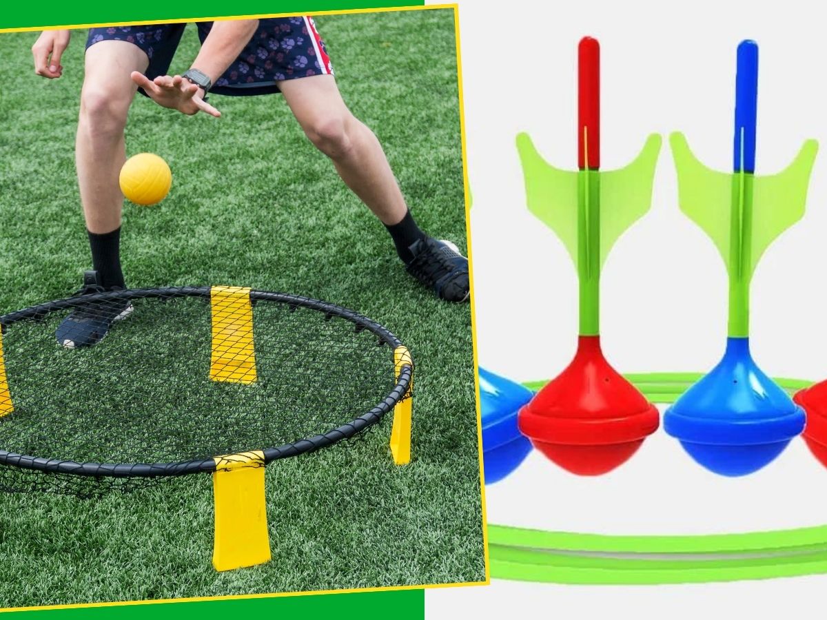set of lawn darts and kid playing spike ball on grass