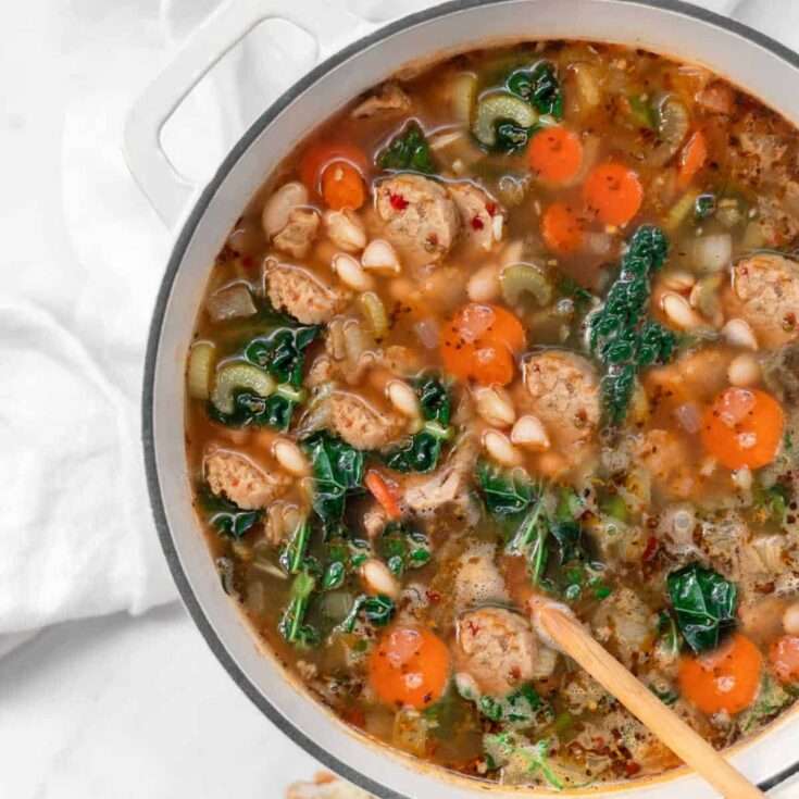 pot of white bean and kale soup with sausage