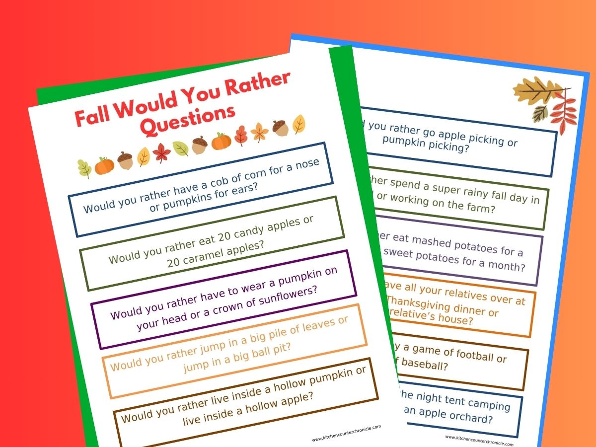 2 sheets of printable fall would you rather questions on an orange background