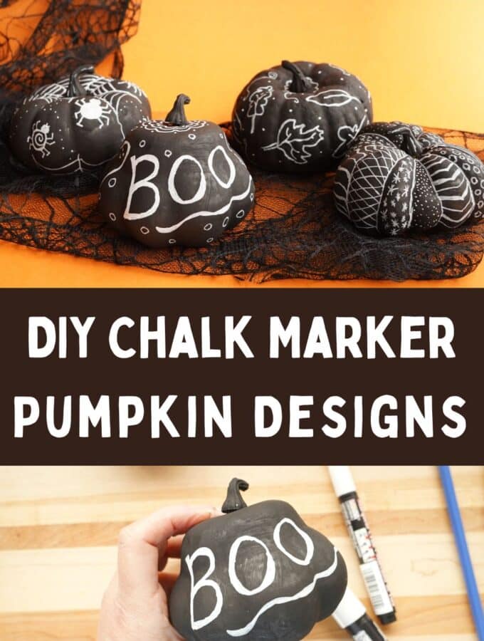 DIY chalk marker pumpkin designs with title and boo drawn on black pumpkin with chalk marker