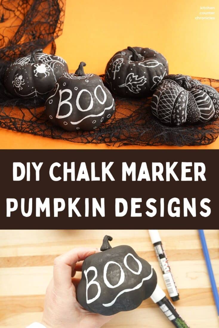 DIY chalk marker pumpkin designs with title and boo drawn on black pumpkin with chalk marker