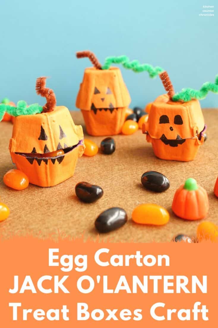 3 egg carton jack-o-lantern candy boxes filled with halloween candies and title
