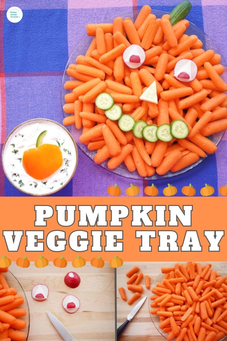 diy pumpkin vegetable tray on plaid tablecloth with radish eyes and vegetable dip pin