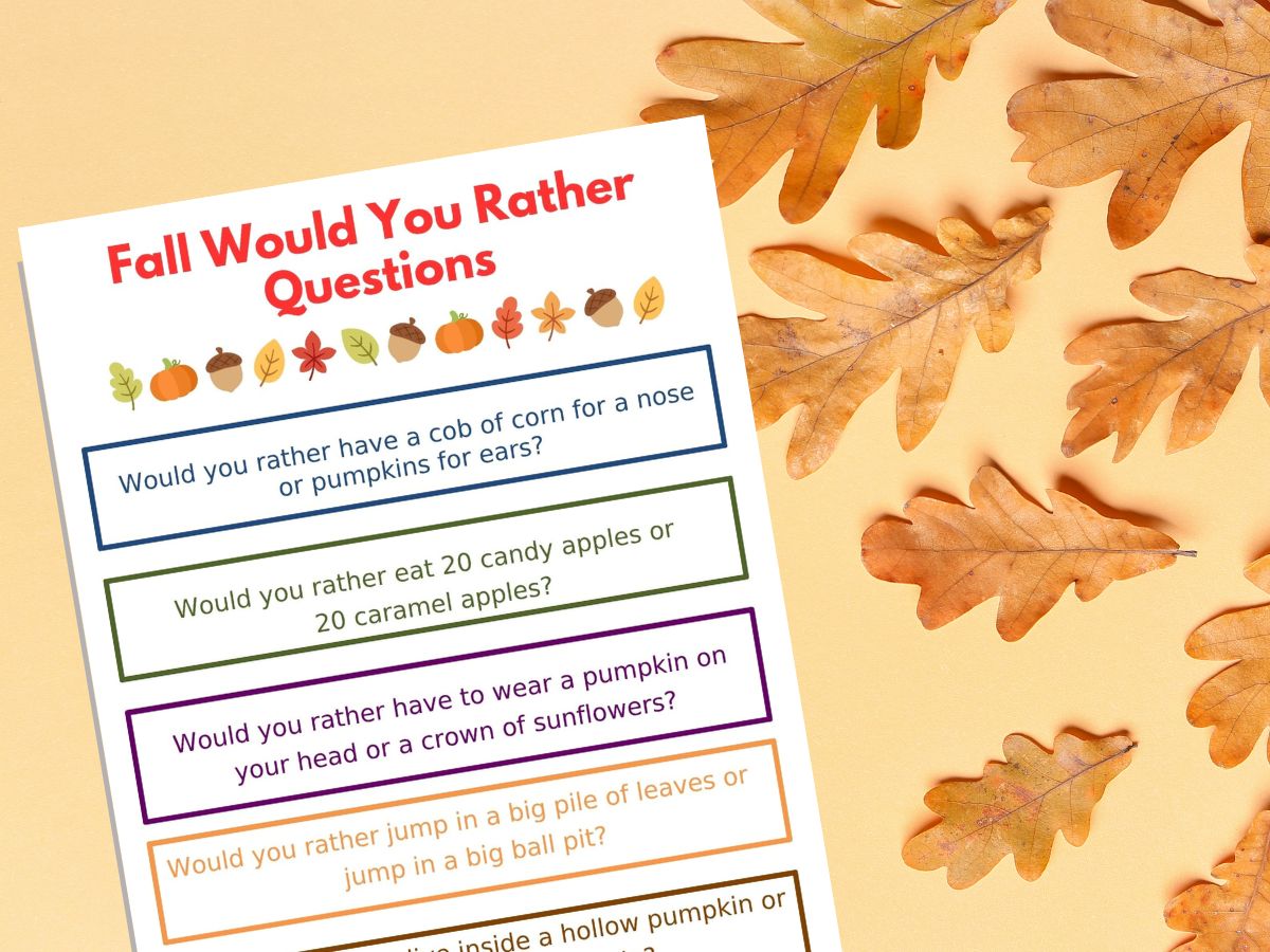 print out of fall would you rather questions surrounded by fall oak leaves