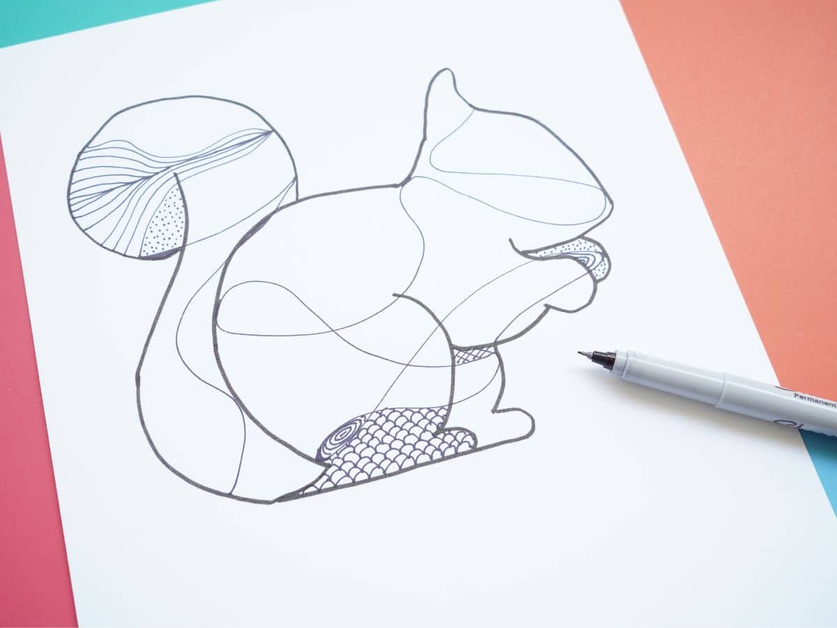 zentangle squirrel with some zentangle designs filled in and ultra fine sharpie