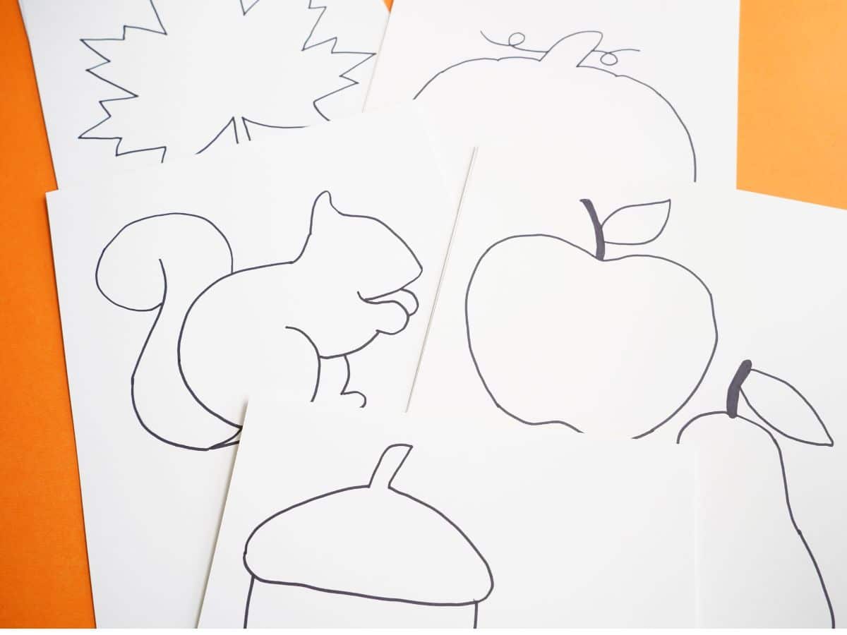 print out of blank fall zentangle templates - apple, pear, acorn, squirrel, pumpkin and maple leaf