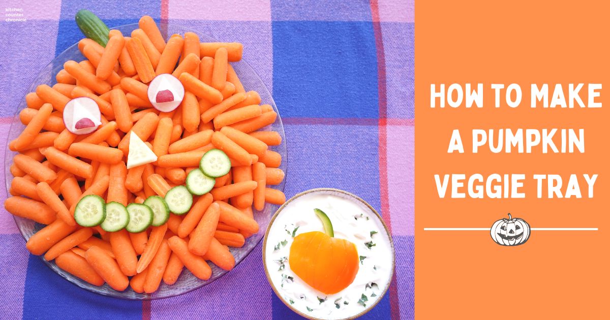 how to make a pumpkin veggie tray social image with title and carrot pumpkin vegetable tray