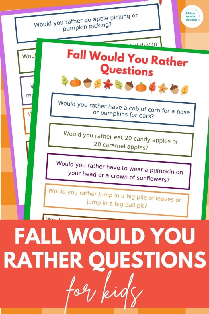 2 sheets of fall would you rather questions with a orange plaid background and the title "fall would you rather questions for kids"