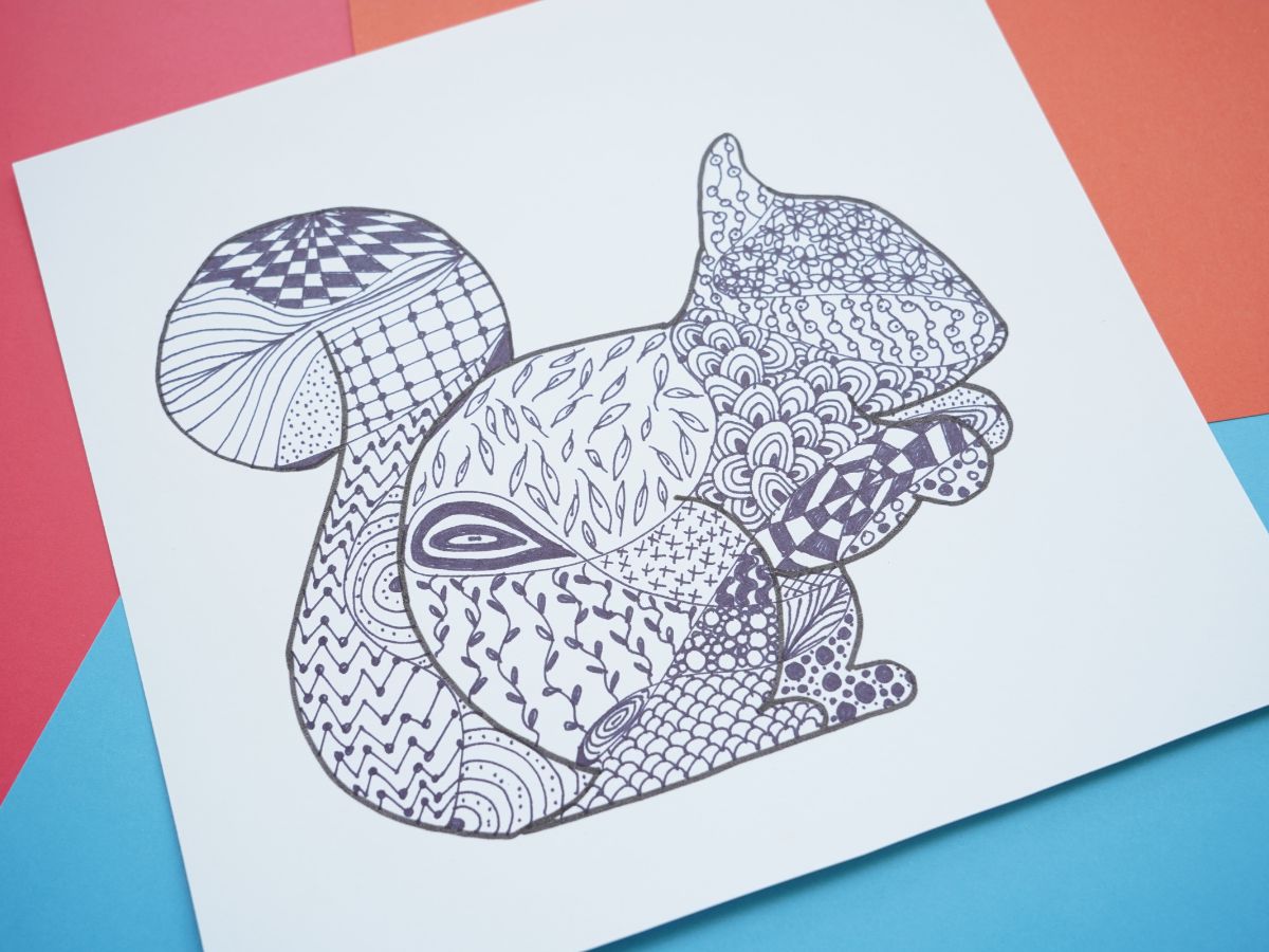 fall zentangle patterns - leaves, vines and flowers in a squirrel template