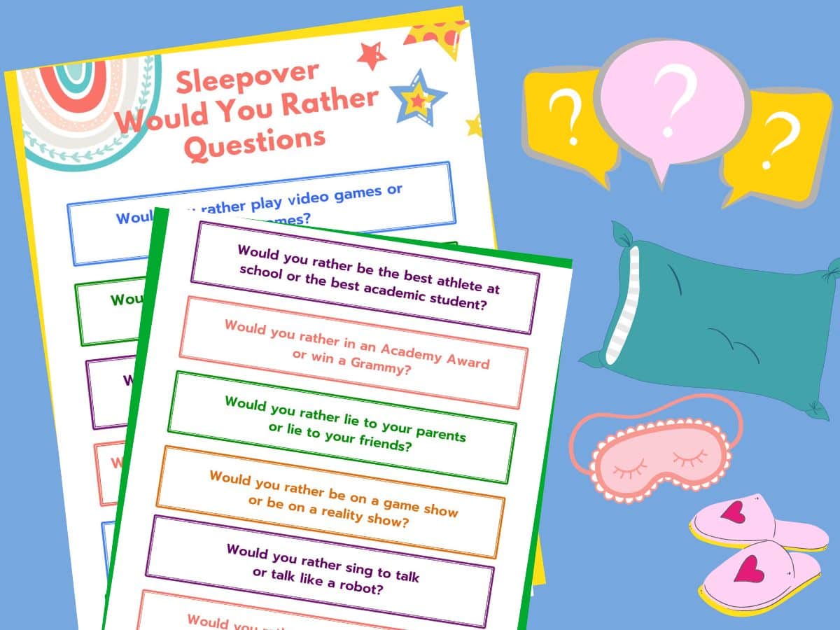 2 pages of would you rather questions for sleepover printed with slippers, eye mask and pillow