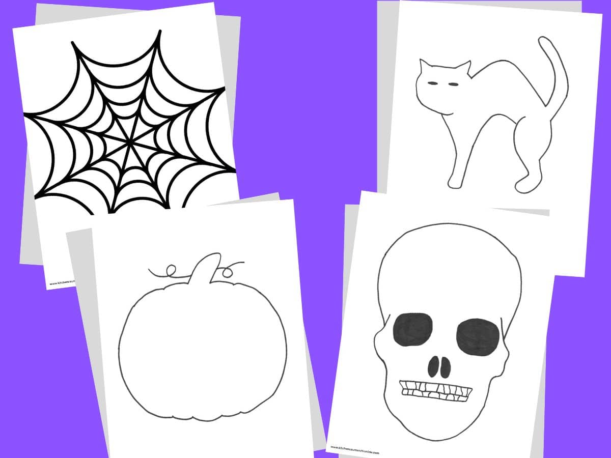 4 printable halloween zentangle templates, black cat, pumpkin, skull and spider web designs