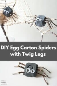 3 egg carton spiders with twig legs on string spider webs and title diy egg carton spider craft