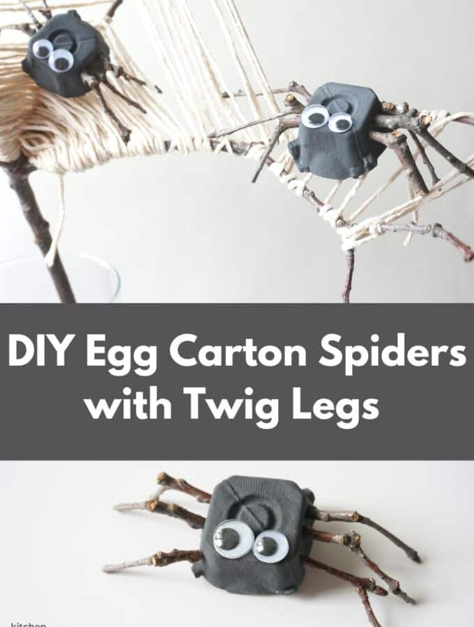 3 egg carton spiders with twig legs on string spider webs and title diy egg carton spider craft