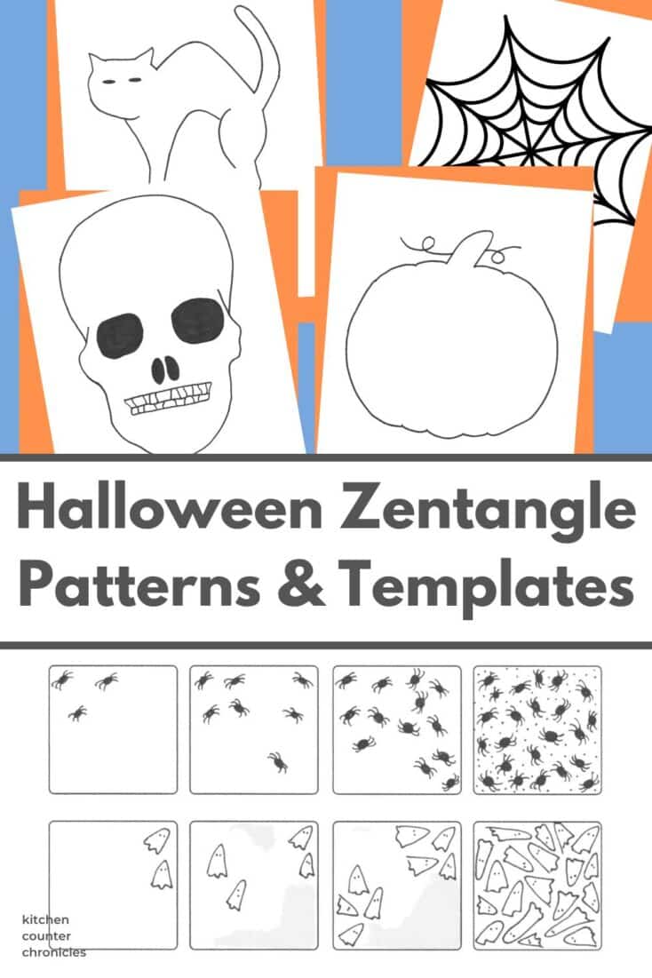 4 halloween zentangle templates and halloween zentangle designs with spiders, skull, pumpkin, spider web and title