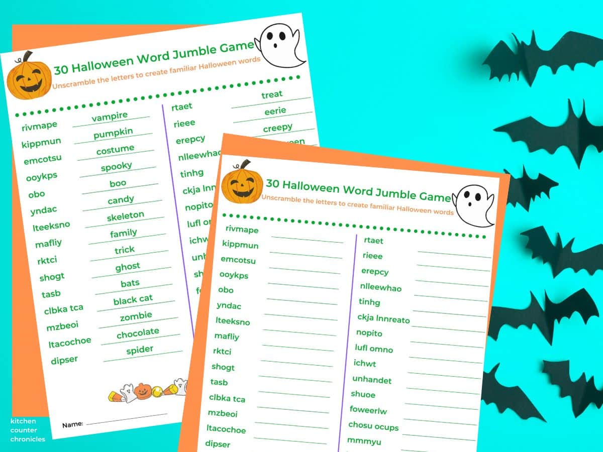Halloween word jumble game printable and halloween jumble game answer key printable with blue background and bats