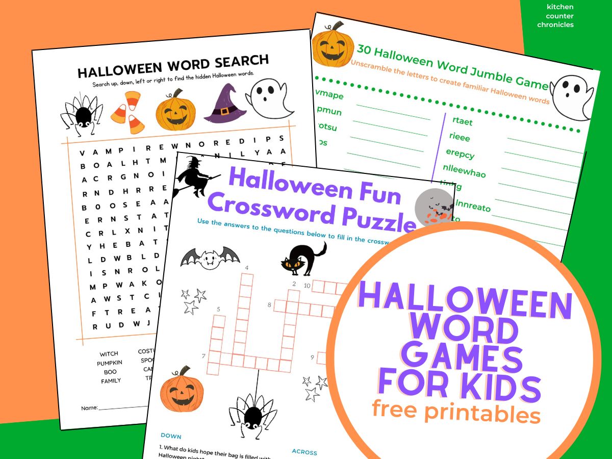 3 printable halloween word games - halloween crossword puzzle, halloween word search and halloween word jumble