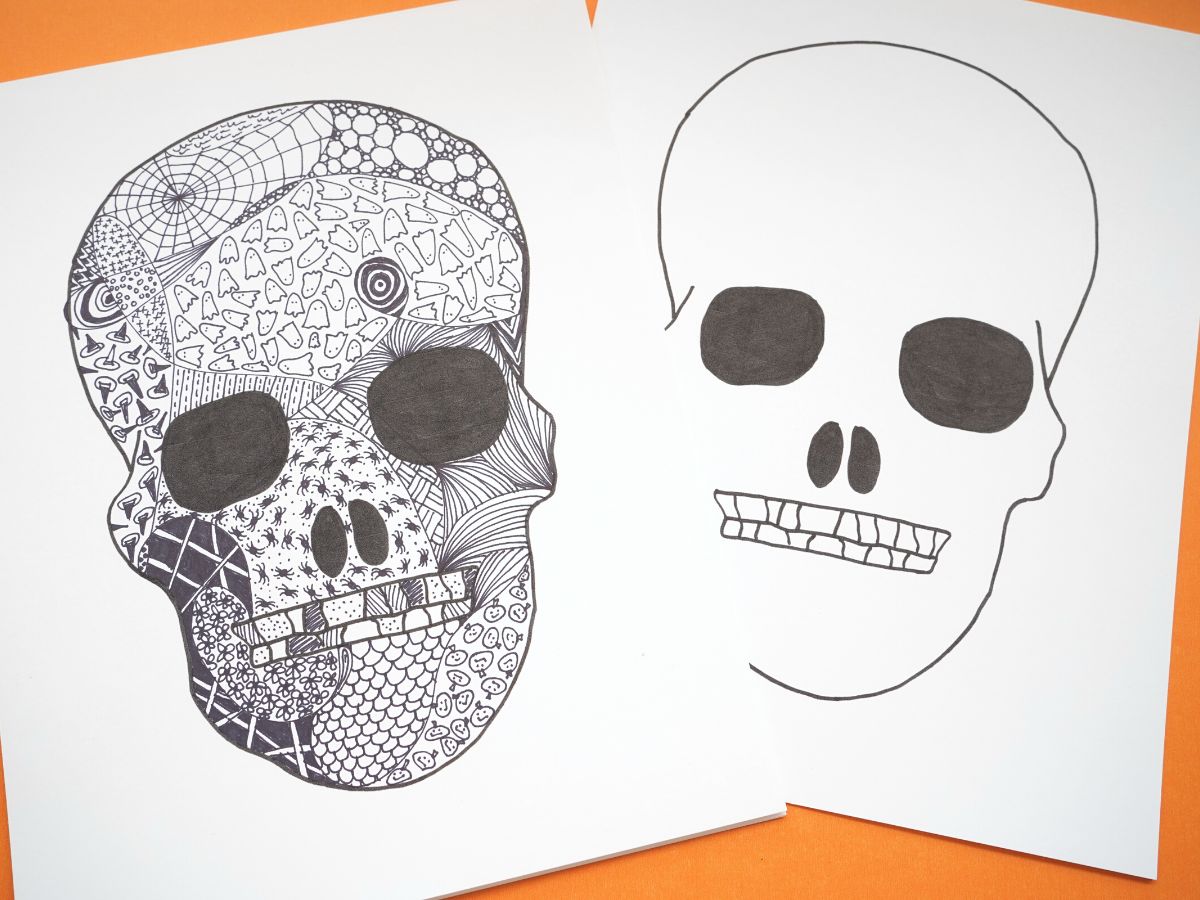 finished halloween skull zentangle art with blank zentangle skull printable