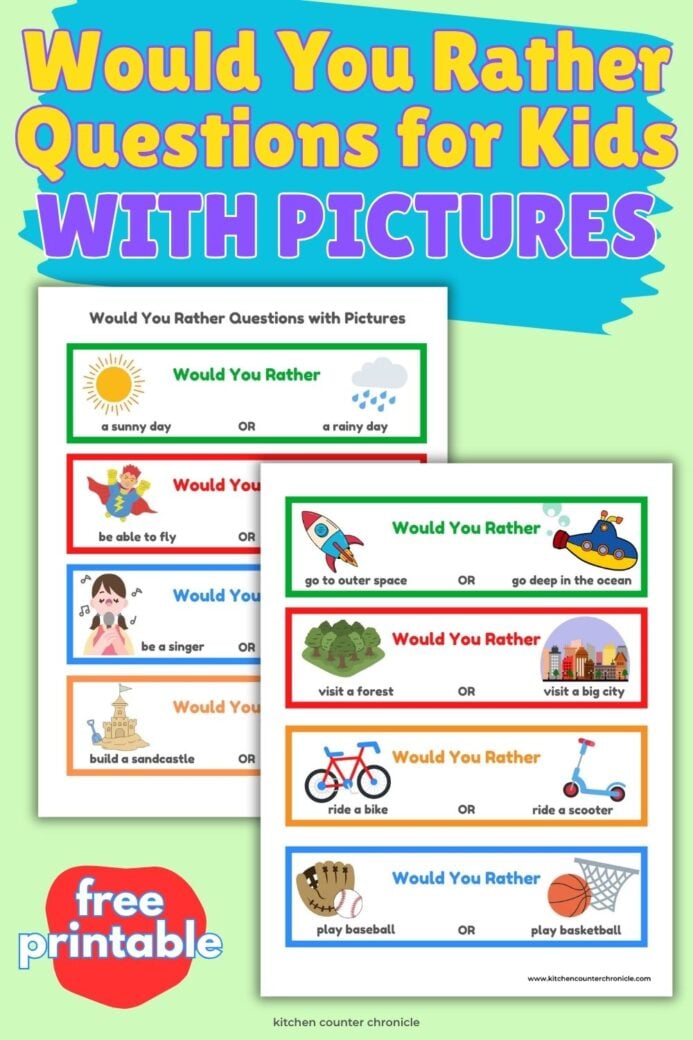 image of two sheets of printable would you rather questions with pictures for kids in kindergarten and preschool