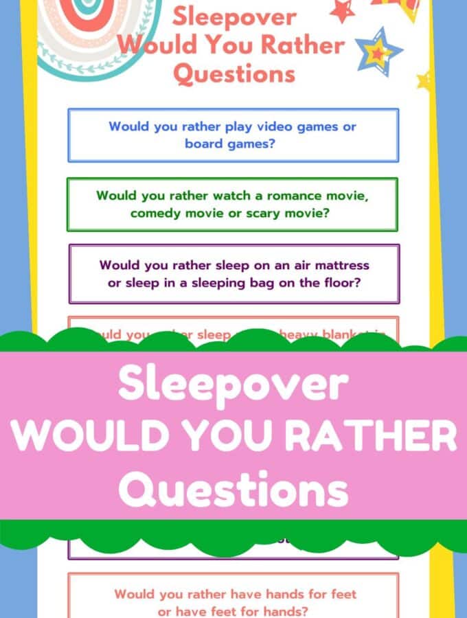 Would you rather sleepover questions printed with title and blue background