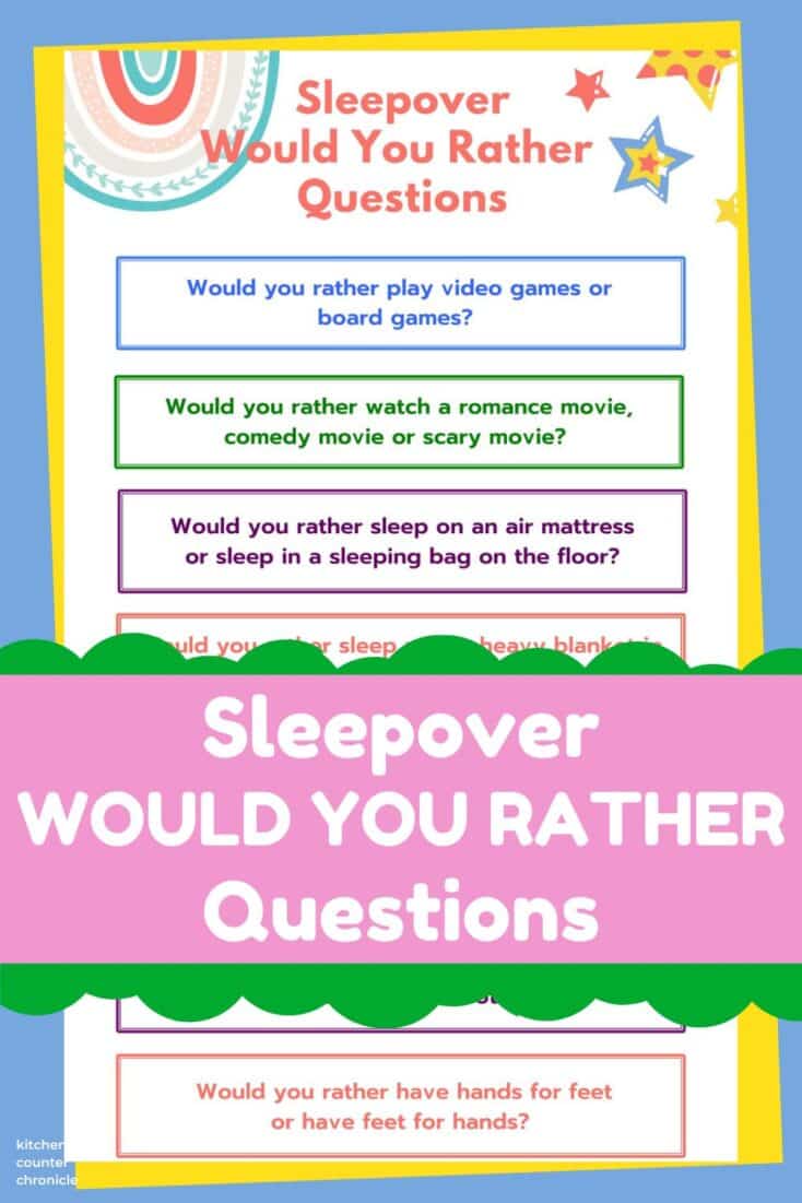 Would you rather sleepover questions printed with title and blue background