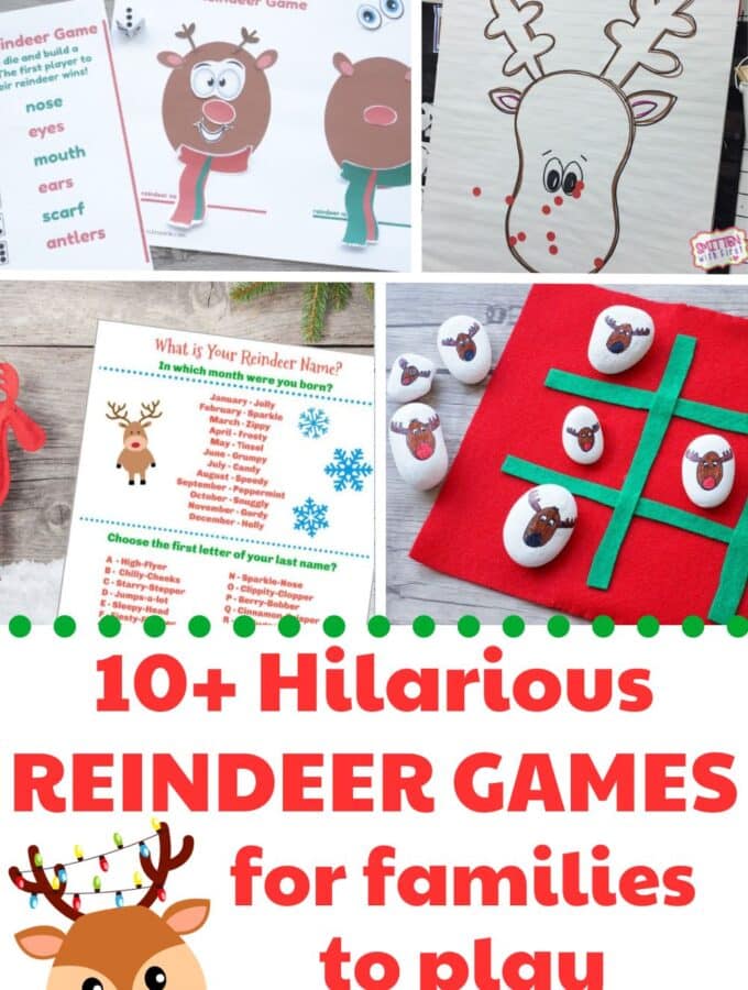 collage of reindeer games and title "10 hilarious reindeer games for families to play"