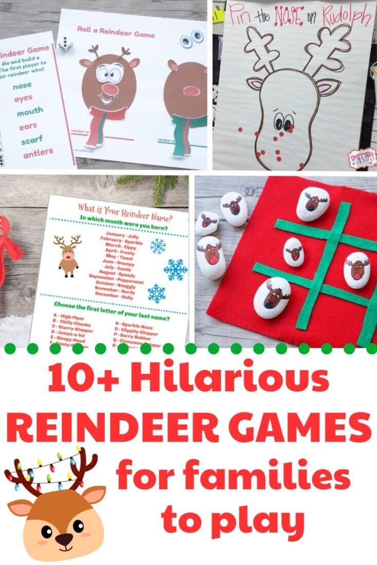 collage of reindeer games and title "10 hilarious reindeer games for families to play"