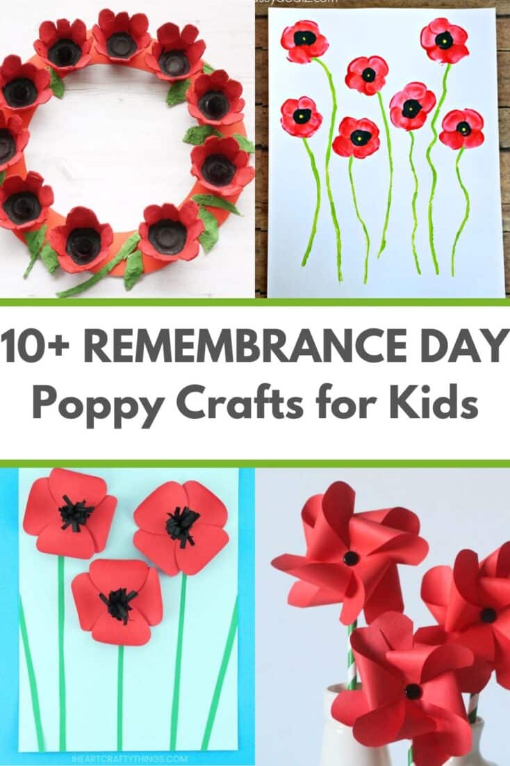title "10 remembrance day poppy crafts for kids" with collage of 4 poppy crafts