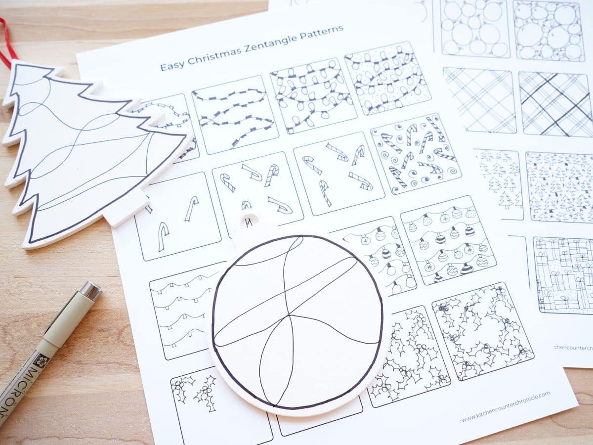 2 pages of christmas zentangle patterns and christmas zentangle ornaments with marker
