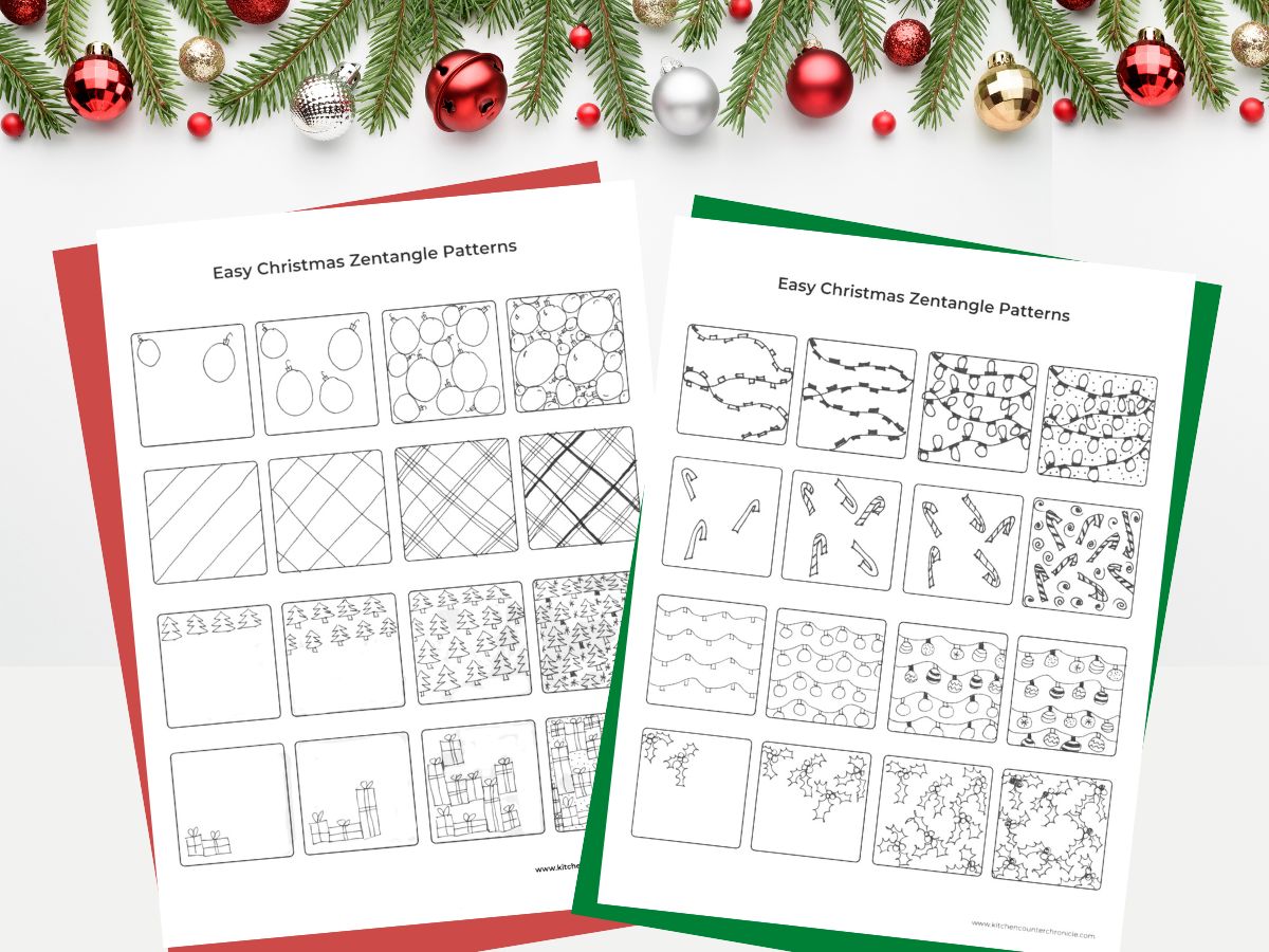2 sheets of easy christmas zentangle patterns printable with christmas background