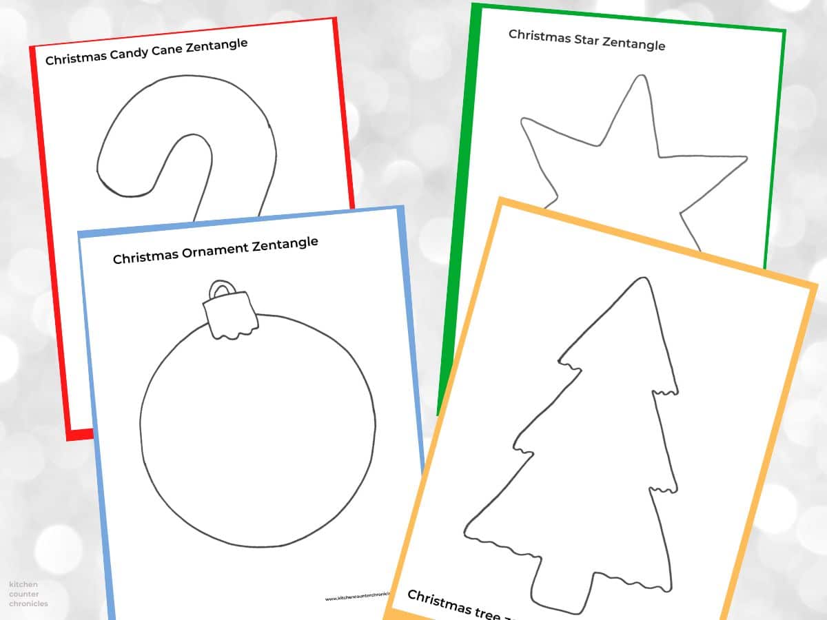 4 printable christmas zentangle templates to draw inside - christmas tree, christmas ornament, candy cane and christmas star