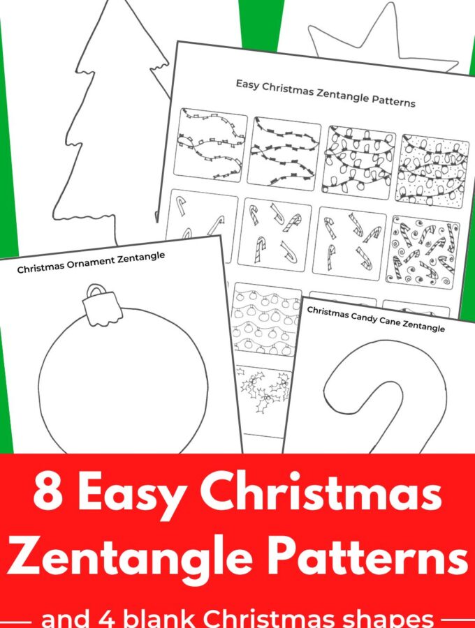 printable 8 easy christmas zentangle patterns to draw and 4 printable blank templates to draw inside with title