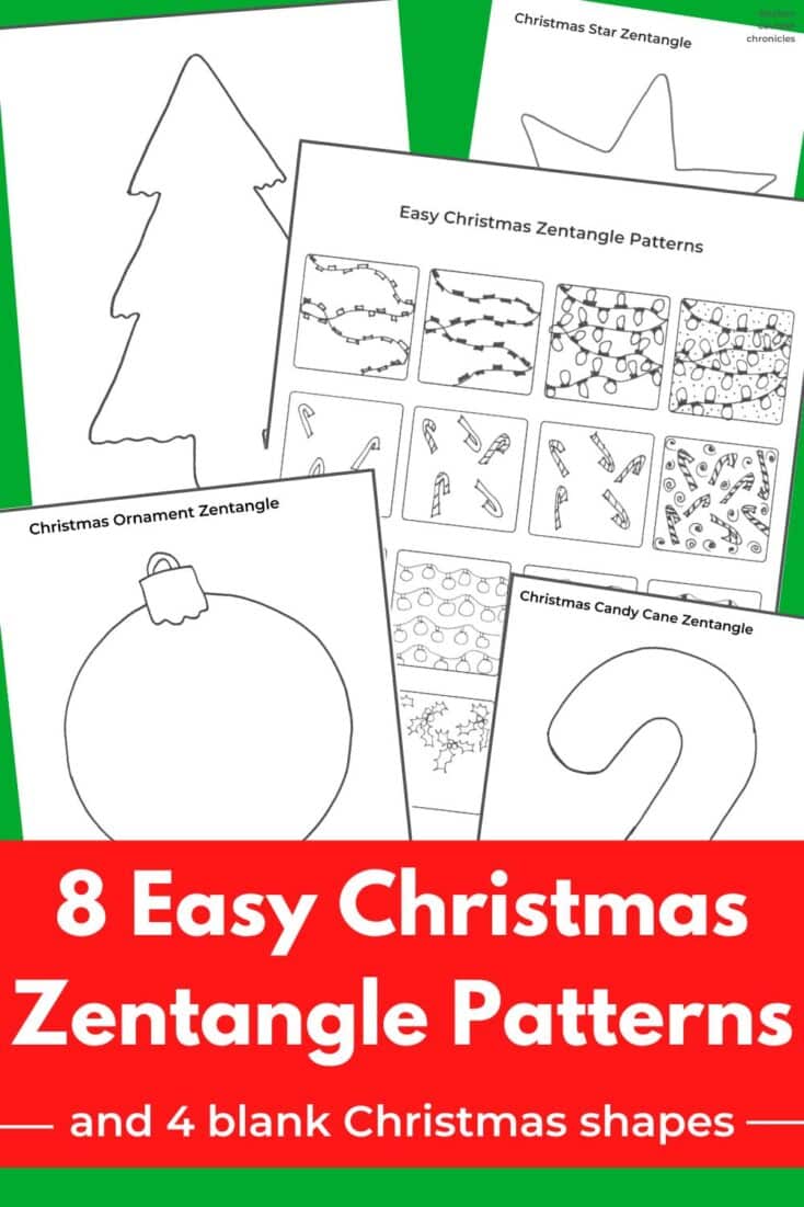 printable 8 easy christmas zentangle patterns to draw and 4 printable blank templates to draw inside with title