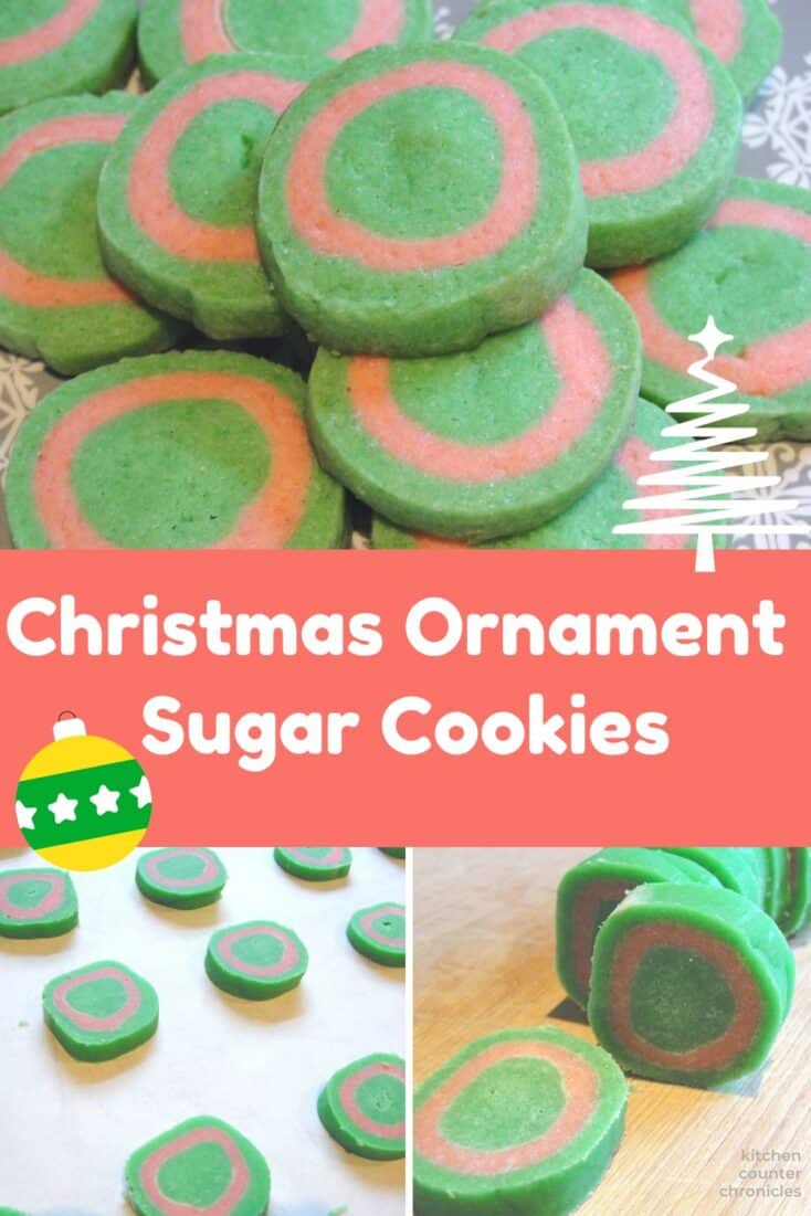 collage of christmas ornament sugar cookies and title and unbaked cookies on baking sheet