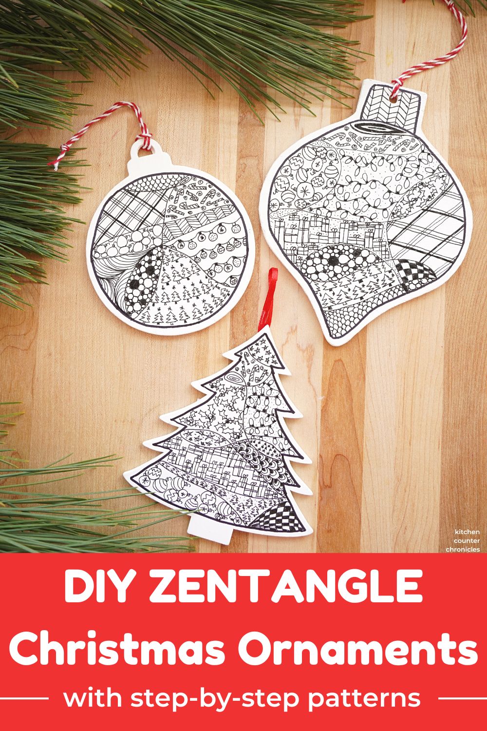 3 Christmas zentangle ornaments with tree bough and title