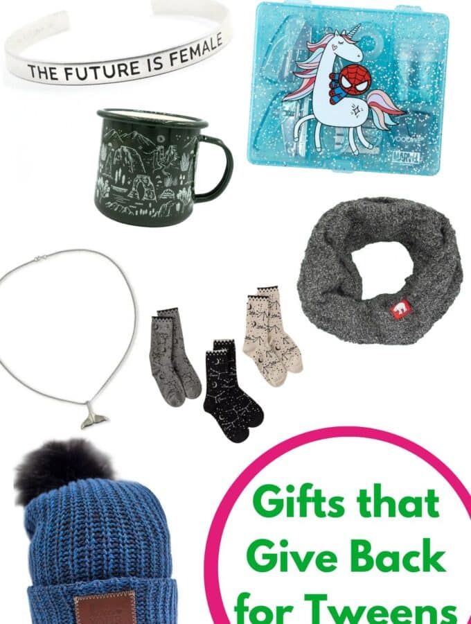 gifts that give back for tweens pin image collage of gifts