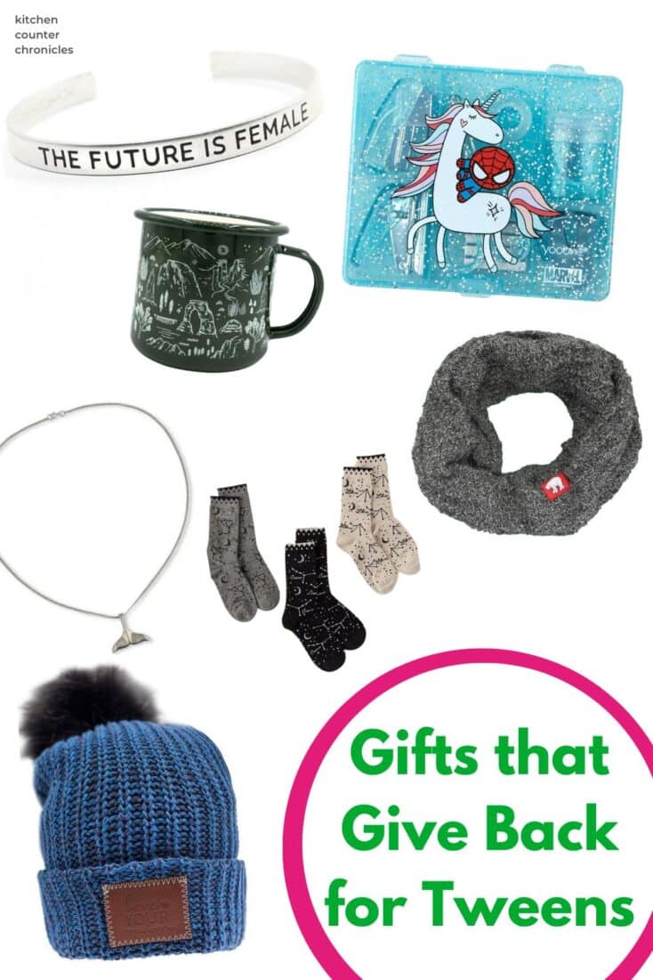 gifts that give back for tweens pin image collage of gifts