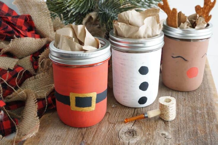 painted christmas santa, snowman and reindeer mason jar crafts