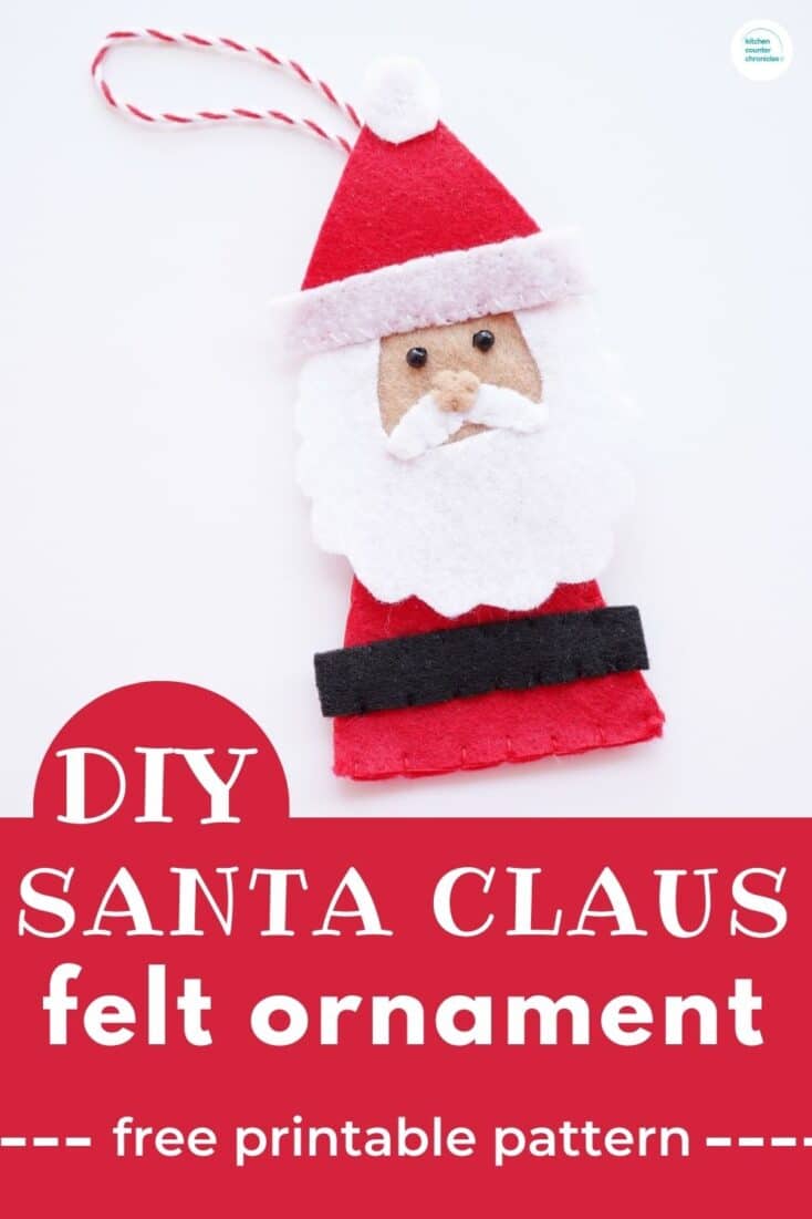 felt santa claus ornament with title "diy santa claus felt ornament free printable pattern"